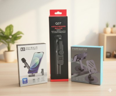 Smart Vlogger’s Combo: K8 Wireless Microphone, Q07 Bluetooth Selfie Stick &amp; 360° Rotating Phone Stand