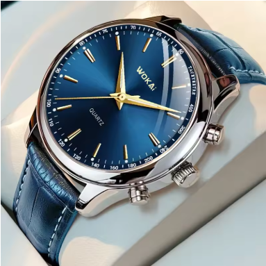 Fashion Men’s Casual Quartz Watch, Blue &amp; Black Leather Strap, Elegant Wristwatch