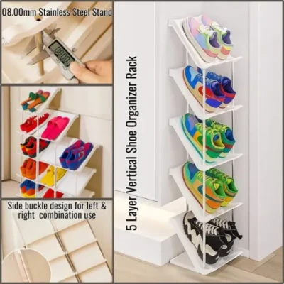 5 Layer Vertical Shoe Rack Space Saving Cabinet With Strong Load Bearing Stainless Steel Stand